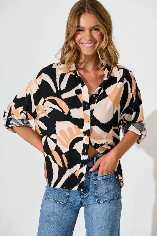 Greta Shirt In Black With Coffee Abstract Print