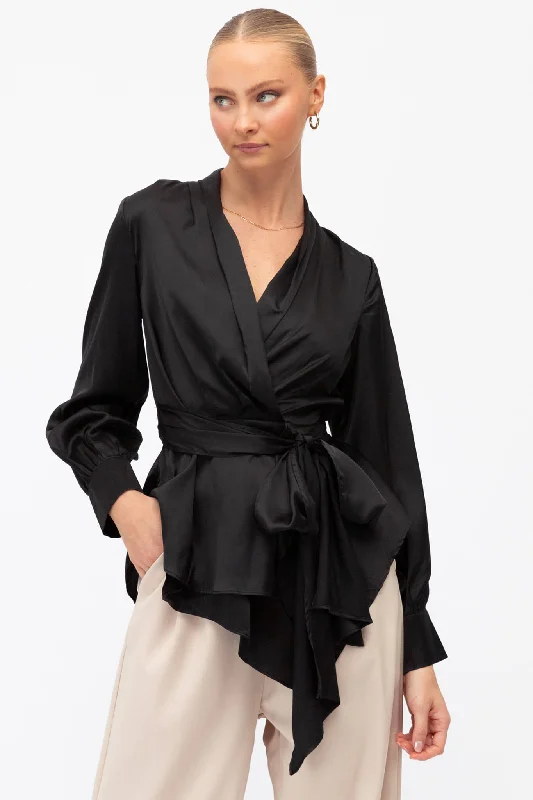 Wanda Wrap Top In Black Satin