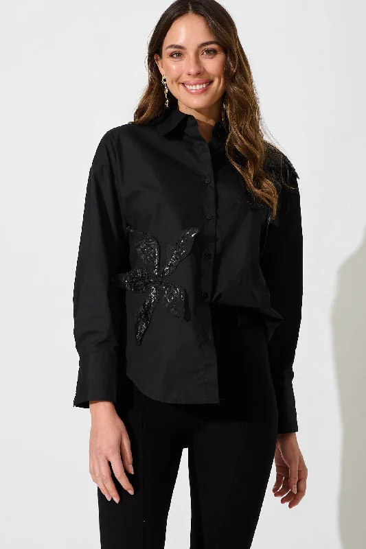 Ada Shirt In Black Cotton With Sequin Flower Detail