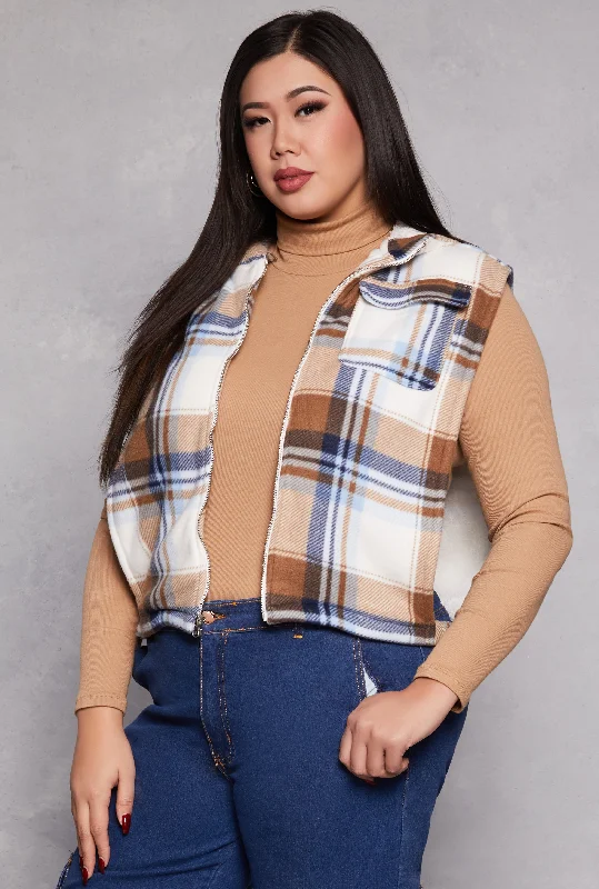 Plus Size Plaid Hooded Zip Front Vest