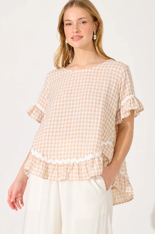 Catharina Top In Beige Gingham And Ric Rac Trim Cotton Blend