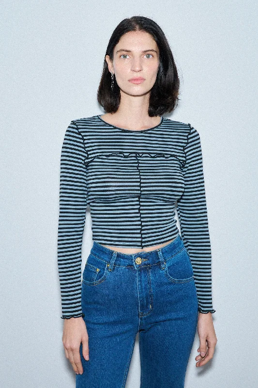 Long Sleeve Blue Striped Knit Tencel/Wool