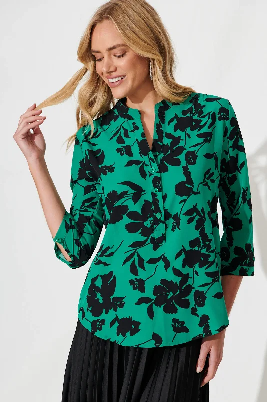 Isa Top In Green With Black Floral