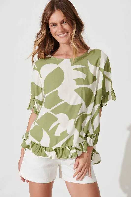 Catharina Top In Olive And Cream Geometric Print