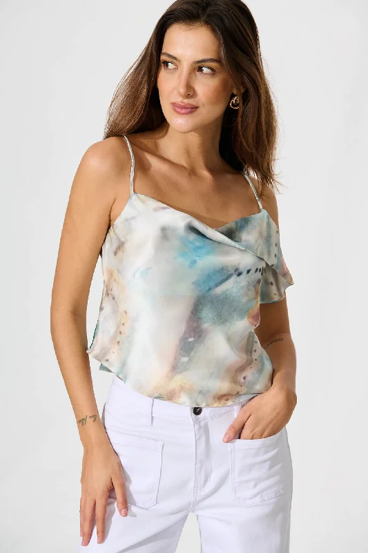 Astra Cami Top In Green Multi Watercolour Satin