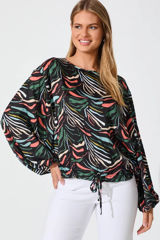 Izara Top In Black Multi Print Satin