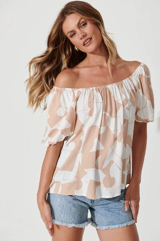 Rossa Top In Beige And White Geometric Print