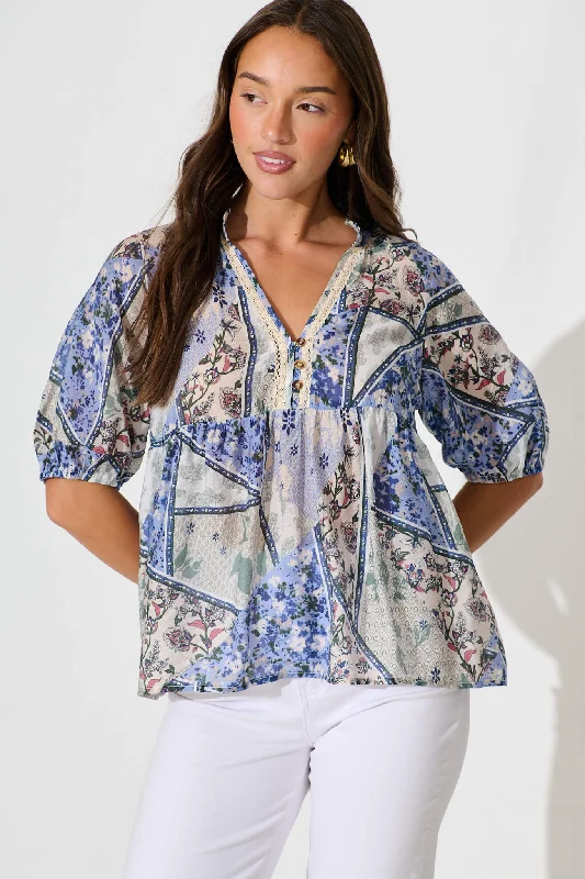 Zoya Top In Blue Patchwork