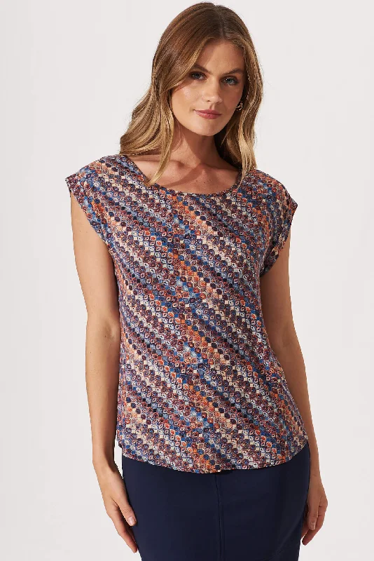 Regina Top In Blue Retro Spots Print