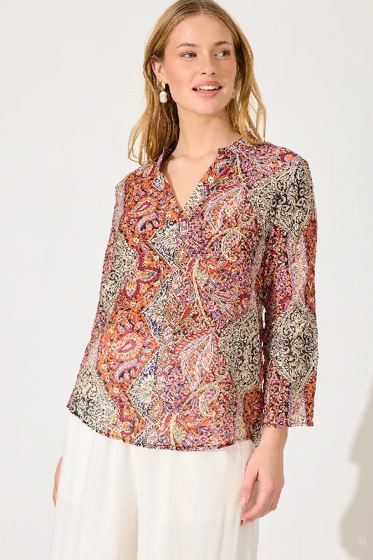 Camilla Top In Rust With Multi Paisley Print