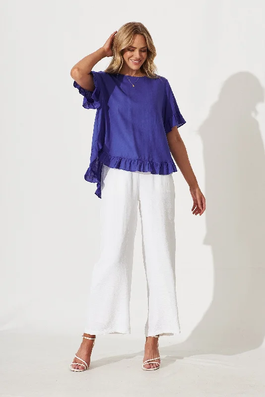 Carmeline Smock Top In Blue Linen Blend