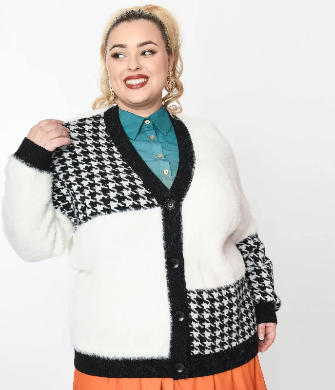 Plus Size Black Houndstooth & White Color Block Fuzzy Cardigan