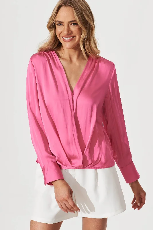 Lara Mock Wrap Top In Pink Satin