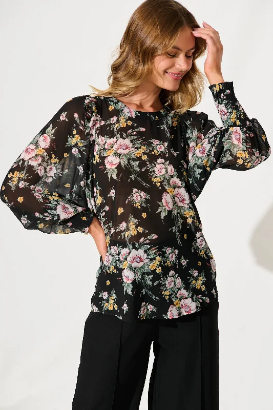 Jonisa Top In Black With Multi Floral Chiffon