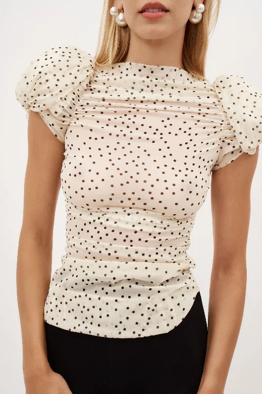 Puff Sleeve Ruched Cream Dots Blouse