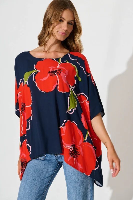 Sonica Top In Navy With Red Floral