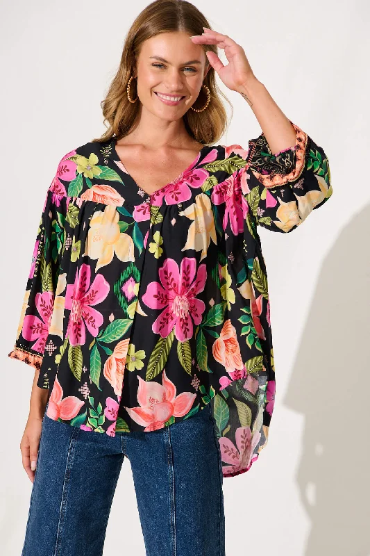 Magic Moment Top In Black With Bright Multi Floral