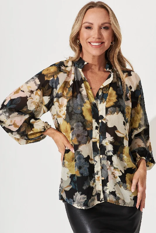 Aaliyah Shirt In Black With Cream And Mustard Floral Chiffon