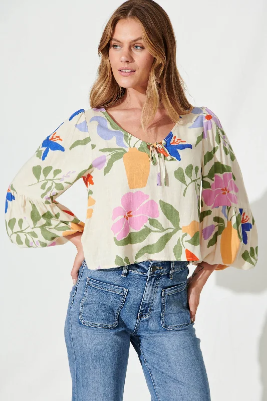 Kenzie Top In Beige With Multi Floral Linen Blend