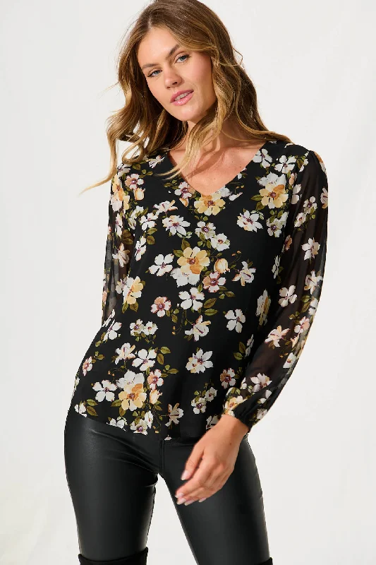 Lucy Top In Black With Multi Floral Print