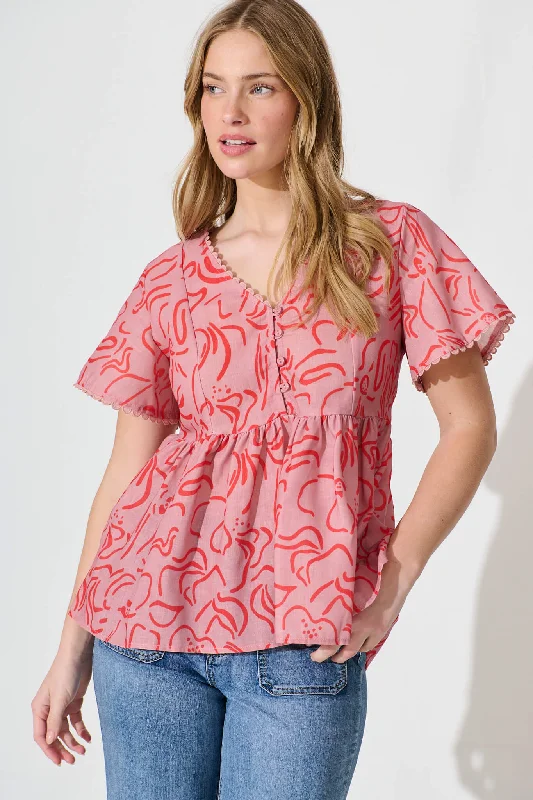 Selfie Top In Pink With Red Print Linen Blend