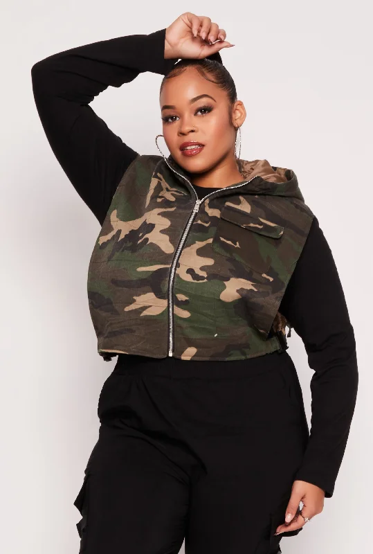 Plus Size Camo Zip Front Cropped Vest