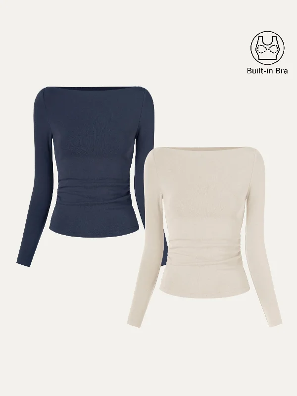 2Pcs Set Modern Side Ruched Boatneck Brami Top