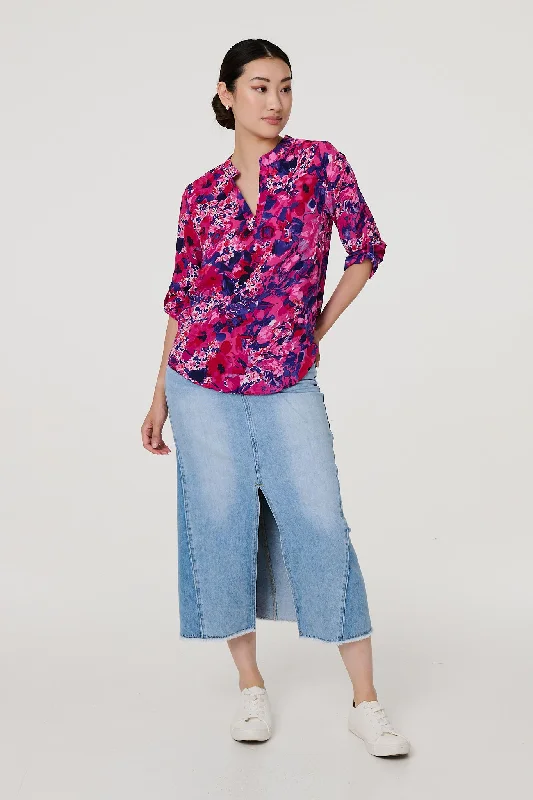 Floral 3/4 Sleeve Collarless Blouse