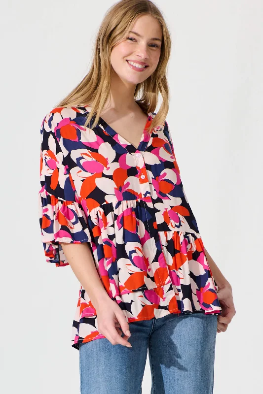 Relia Top In Navy With Multi Print