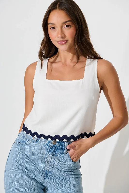 Acordia Top in White Linen Blend with Navy Ric Rac Trim