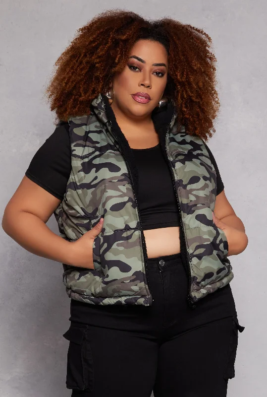 Plus Size Reversible Camo Zip Front Puffer Vest